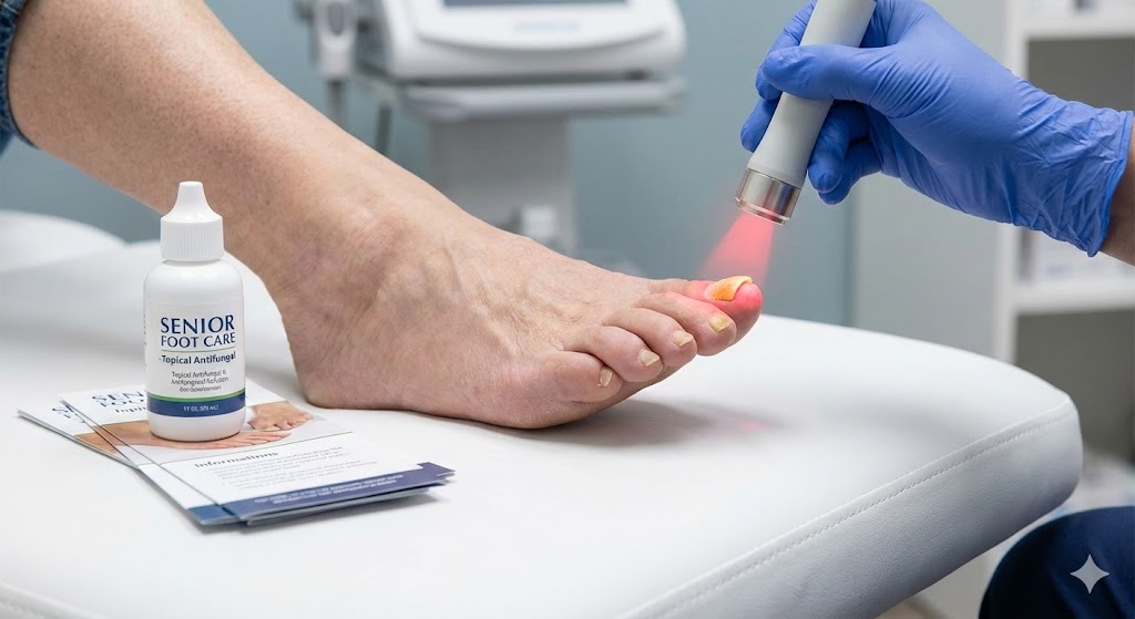 A medical professional applies laser therapy to a senior's toenail fungus in a clinic, next to a bottle of topical antifungal solution.