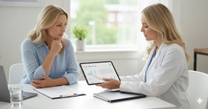 A doctor shows a patient data on a tablet during a consultation in a bright office. Both women are seated at a table with documents and a glass of water visible.