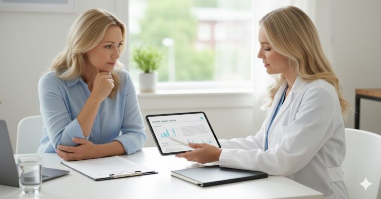 A doctor shows a patient data on a tablet during a consultation in a bright office. Both women are seated at a table with documents and a glass of water visible.