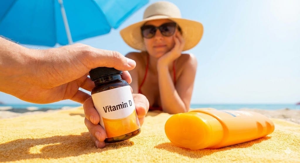 A hand holding a bottle of Vitamin D supplements on a sandy beach towel next to a bottle of sunscreen, with a woman sunbathing under an umbrella in the background, illustrating the question of supplementing during summer.