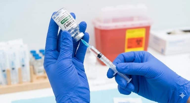 A medical professional preparing a sterile vitamin c injection vial in a clean clinical setting.