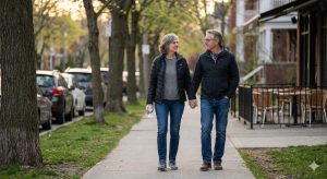 A couple taking a casual 10-minute walk outdoors immediately after a meal to aid digestion and naturally stop blood sugar spikes.