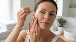 A woman applying facial serum to her cheek using a dropper in a bright bathroom setting.