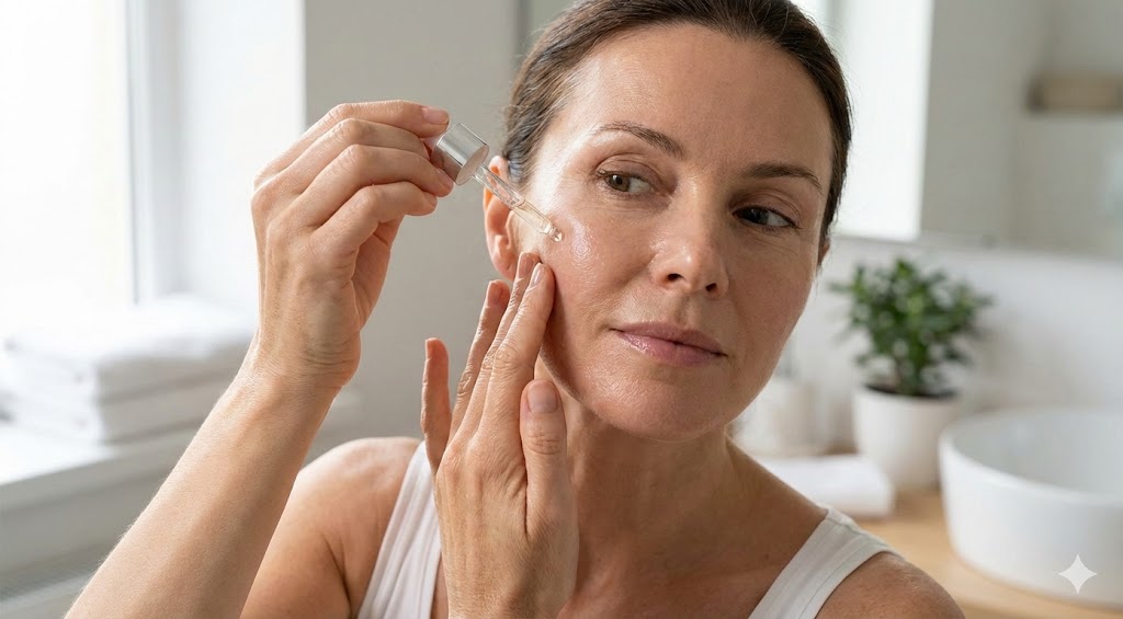 A woman applying facial serum to her cheek using a dropper in a bright bathroom setting.