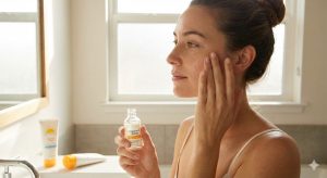A woman applies Vitamin C serum to her face, a key step in a natural routine to increase skin elasticity, before putting on sunscreen visible in the background.