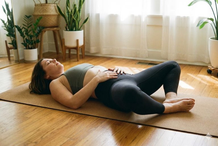 Woman lying on a yoga mat in butterfly pose, practicing deep breathing during a somatic release.