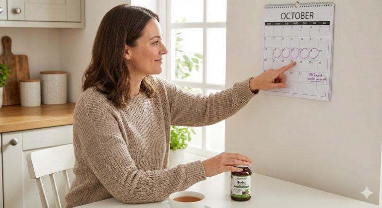 Woman looking relieved and calm while checking her calendar, representing successful management of PMS symptoms and control over her menstrual cycle.