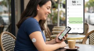 A smiling woman at an outdoor cafe patio, wearing a continuous glucose monitor (CGM) sensor on her arm, checks her smartphone. The phone screen displays a graph with a stable blood sugar reading of 98 mg/dL.