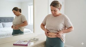 A middle-aged woman with a concerned expression pinches excessive belly fat around her waistline while looking down. A book titled "Hormonal Balance for Women" and a tape measure are on a dresser beside her, and her reflection is visible in a large mirror.