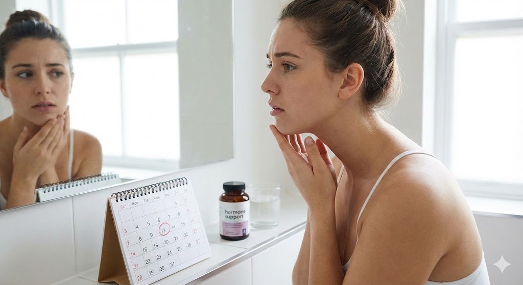 A concerned woman examining her jawline for cystic acne in a bathroom mirror, with a calendar and a bottle of "hormone support" supplements on the counter, illustrating hormonal acne triggers.