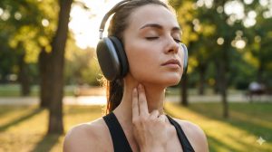 Woman in athletic wear checking her pulse while listening to headphones in a park.