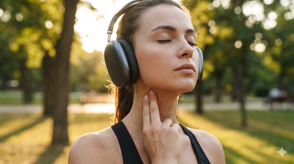 Woman in athletic wear checking her pulse while listening to headphones in a park.