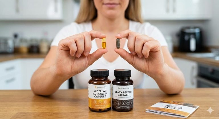A woman compares a liquid curcumin capsule and a powder black pepper capsule side-by-side.