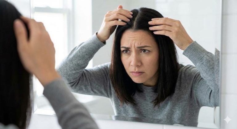 A woman with dark, shoulder-length hair and a worried expression leans into a bathroom mirror, using her fingers to examine the parting on the top of her head.
