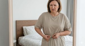 A middle-aged woman with a worried expression measures her waist with a tape measure in a bedroom, illustrating the frustration of perimenopause weight gain.
