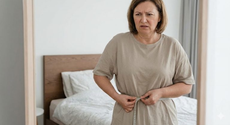 A middle-aged woman with a worried expression measures her waist with a tape measure in a bedroom, illustrating the frustration of perimenopause weight gain.