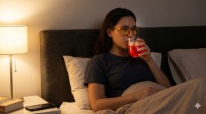 A woman in bed at night, wearing yellow-tinted blue-light blocking glasses, drinking a red mocktail.