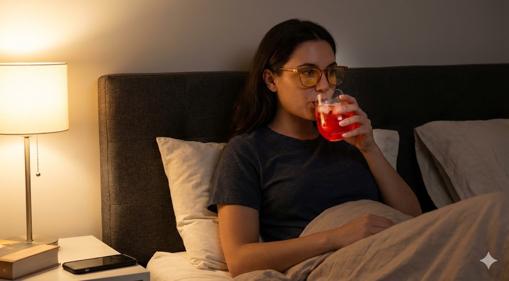 A woman in bed at night, wearing yellow-tinted blue-light blocking glasses, drinking a red mocktail.