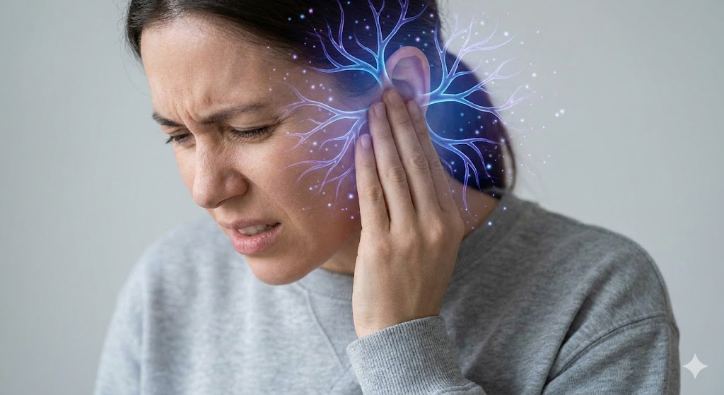 A woman with a pained expression holds her ear, accompanied by a glowing blue neural network visualization superimposed over her head, illustrating nerve overstimulation or the concept of glutamate excitotoxicity.