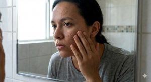 A person with visible acne scarring on their cheek examines their skin in a bathroom mirror with a serious, contemplative expression.