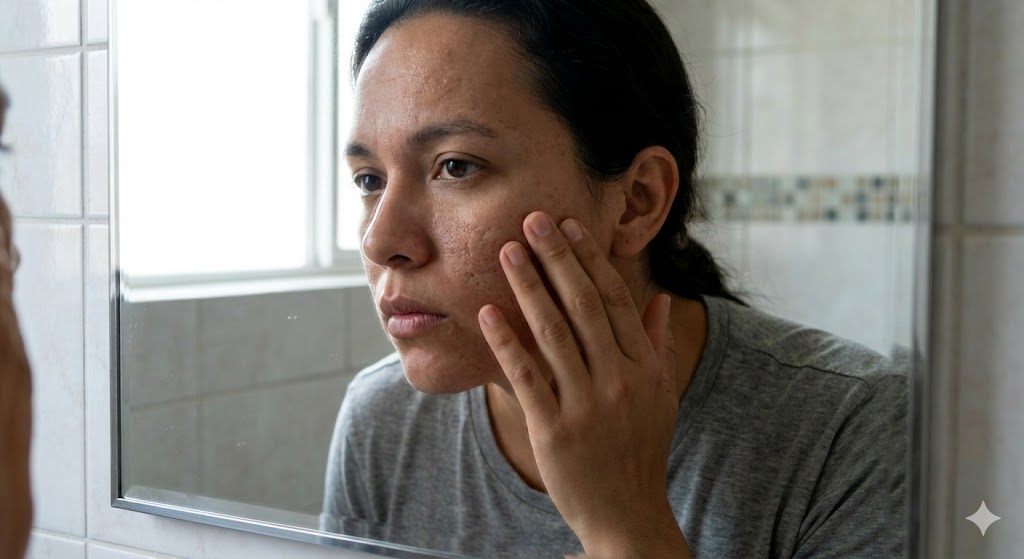 A person with visible acne scarring on their cheek examines their skin in a bathroom mirror with a serious, contemplative expression.