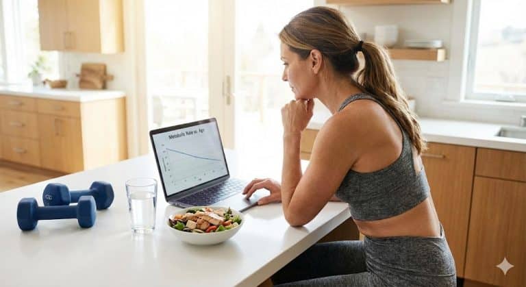 A fit woman in her 40s sits at a kitchen counter researching on a laptop screen showing a 'Metabolic Rate vs. Age' graph. Dumbbells, a healthy salad, and water are next to her, illustrating lifestyle strategies to combat why metabolism slows down after 40.