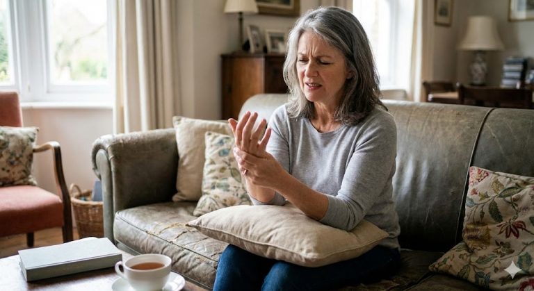 A woman in her 50s with gray hair sits on a leather sofa at home, looking concerned while holding and rubbing her hand, experiencing pain or tingling.