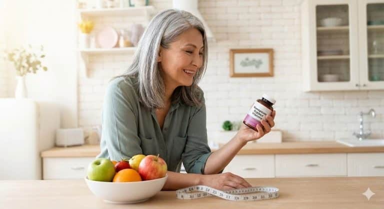 A smiling older woman in a kitchen holding a bottle of menopause supplements next to a bowl of fresh fruit and a tape measure, illustrating a proactive approach to managing menopause weight gain through nutrition.