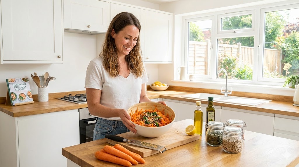 Woman smiling while preparing raw carrot salad with seeds in a bright kitchen, next to a "Hormone Friendly Kitchen" cookbook.