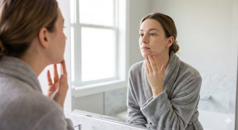 A woman in a grey robe looks into a bathroom mirror, gently touching red hormonal acne blemishes on her chin and jawline, with a contemplative expression.
