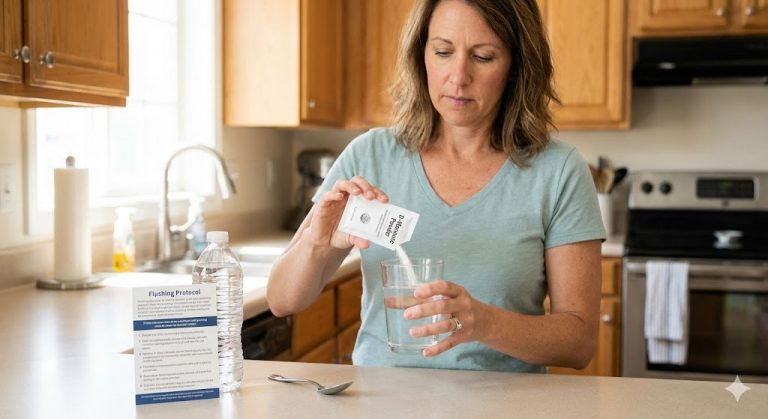 A woman in a kitchen pours D-Mannose powder from a packet into a glass of water, following a "Flushing Protocol" guide visible on the counter.