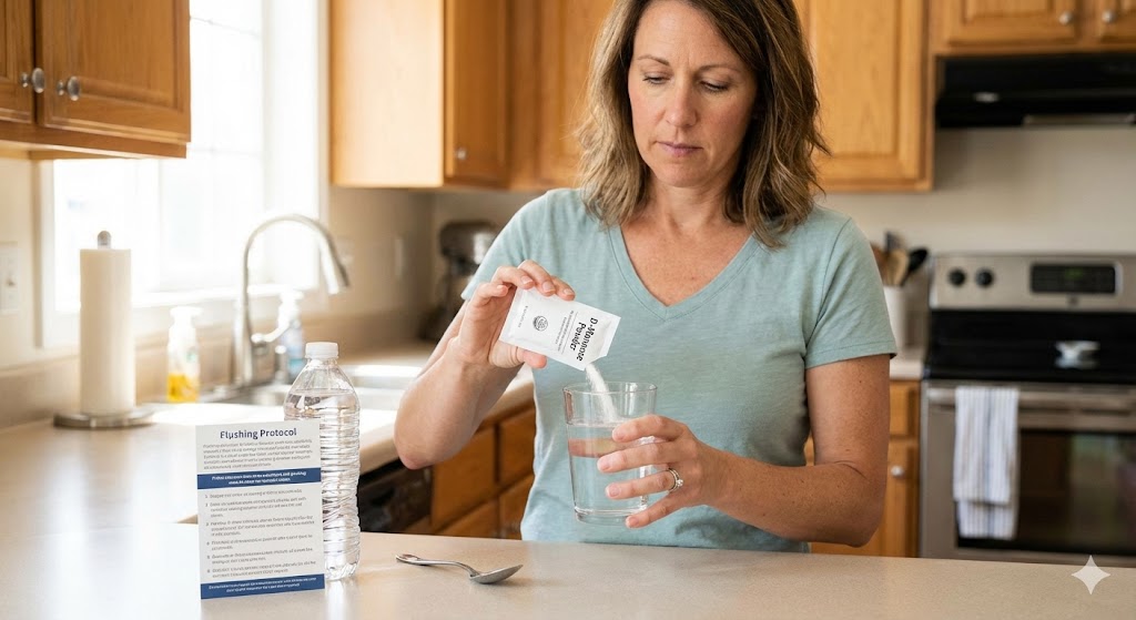 A woman in a kitchen pours D-Mannose powder from a packet into a glass of water, following a "Flushing Protocol" guide visible on the counter.