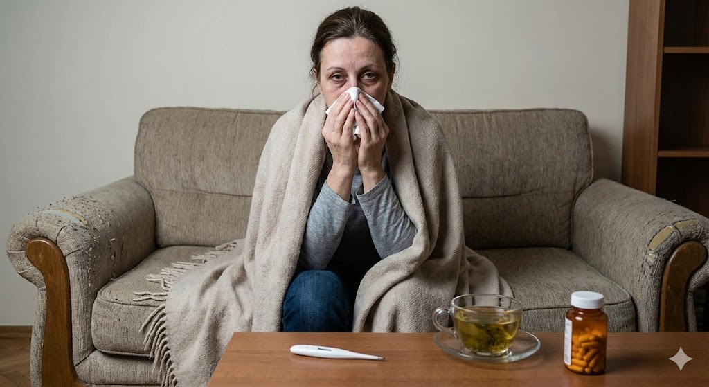 A tired individual checking a thermometer while holding a tissue, illustrating common signs of a weak immune system like frequent colds and persistent fatigue.