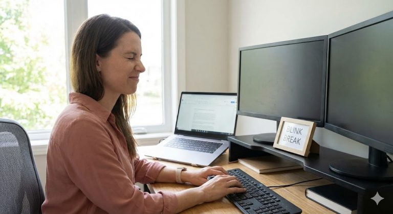 A woman in a home office squeezes her eyes shut while typing, performing a "blink break" exercise at her desk with a laptop and two monitors. A small framed sign next to her reads "BLINK BREAK".