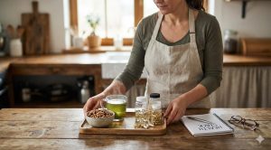 A woman in a rustic kitchen organizing a health stack containing a cup of green tea, a bowl of walnuts, and various supplement bottles on a wooden tray.