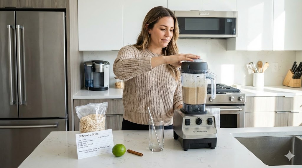 Woman blending ingredients for the Oatzempic weight loss drink in a modern kitchen with oats and lime.