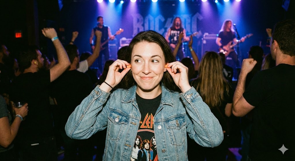 A woman with a knowing smile puts orange earplugs into her ears while in the crowd at a loud rock concert, with a band performing on stage under blue lights.