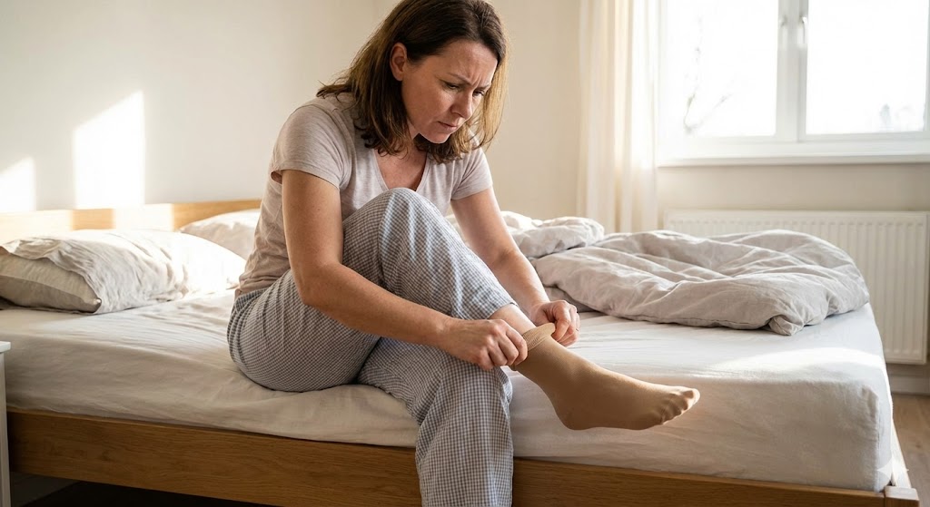 A woman with a focused expression sits on the edge of her unmade bed in a sunlit morning bedroom, pulling a beige compression sock onto her left foot.