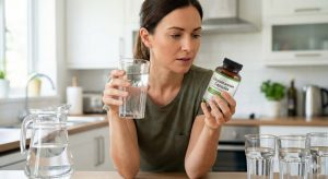 A woman in a kitchen holds a glass of water and a bottle of Glucomannan capsules, carefully reading the label.