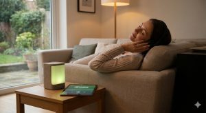Woman relaxing on sofa with headphones, listening to green noise from a speaker and tablet for tinnitus relief.