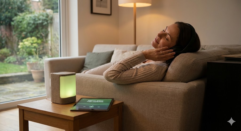 Woman relaxing on sofa with headphones, listening to green noise from a speaker and tablet for tinnitus relief.