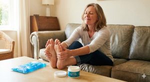A middle-aged woman sits on a sofa in a living room, gently rubbing her feet and smiling with relief. A jar of cooling foot cream and a blue ice pack are on the coffee table in front of her, suggesting foot pain relief.