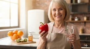 Smiling senior woman in a kitchen holding a red bell pepper and a glass of water, with oranges, kiwi, and a Vitamin C supplement bottle in the background illustrating natural and supplemental sources of Vitamin C.