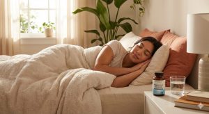 A peaceful woman sleeping soundly in a sunlit bedroom, illustrating the sleep benefits of Magnesium Glycinate, with a supplement bottle and a glass of water on her bedside table.