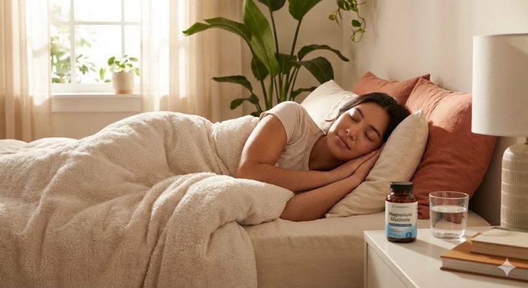 A peaceful woman sleeping soundly in a sunlit bedroom, illustrating the sleep benefits of Magnesium Glycinate, with a supplement bottle and a glass of water on her bedside table.