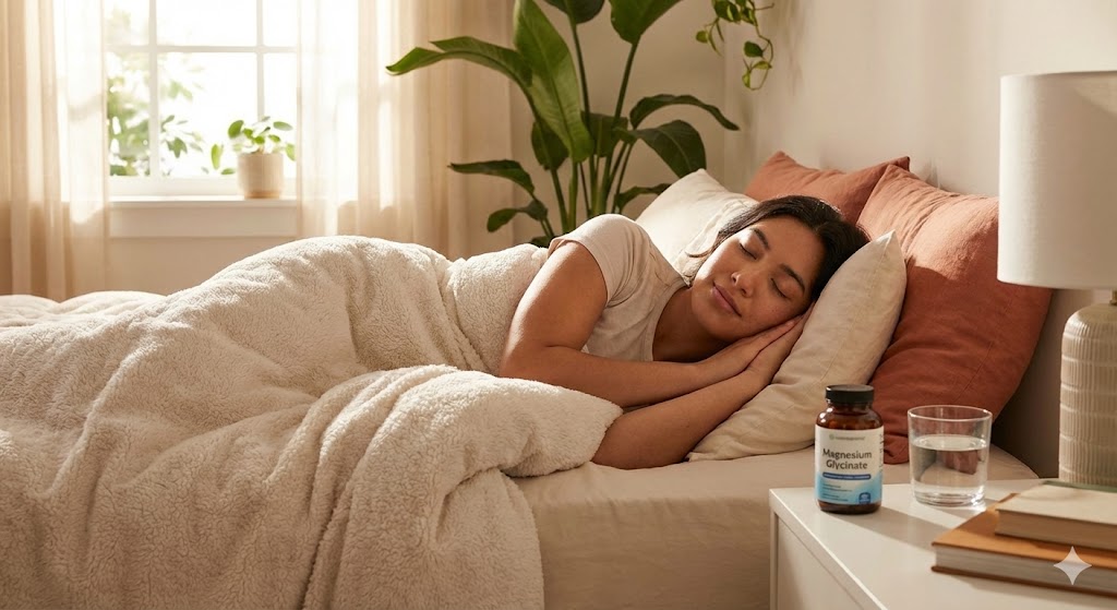 A peaceful woman sleeping soundly in a sunlit bedroom, illustrating the sleep benefits of Magnesium Glycinate, with a supplement bottle and a glass of water on her bedside table.