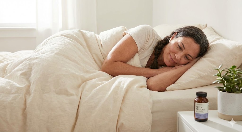 A woman sleeps peacefully in a sunlit bed with a "Rest & Restore" supplement bottle on the nightstand.