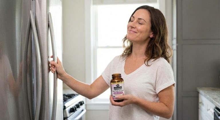 A relieved woman smiles while holding a bottle of Daily Woman's Probiotic taken from a refrigerator in a kitchen.