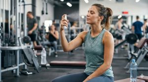 A sweaty woman sprays facial mist on her face after a workout in a gym.