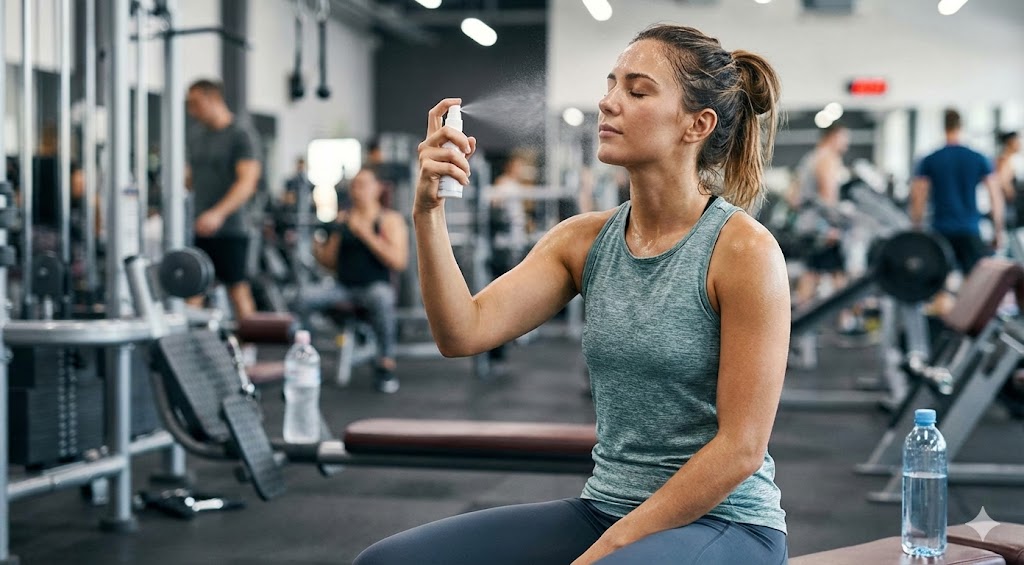 A sweaty woman sprays facial mist on her face after a workout in a gym.